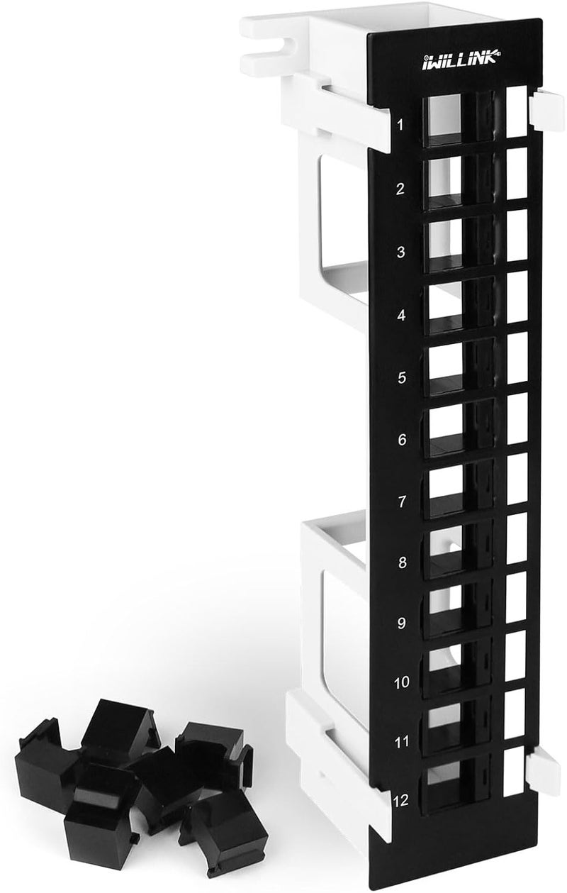 iwillink Blank 12-Port Keystone Patch Panel with 89D Wall Mount Bracket, Versatile Vertical/Horizontal Installation, Includes 6 Blank Keystone Inserts for Custom Configurations - Image 1